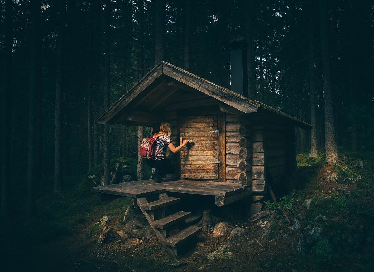 Small log cabin deep in a dark forest