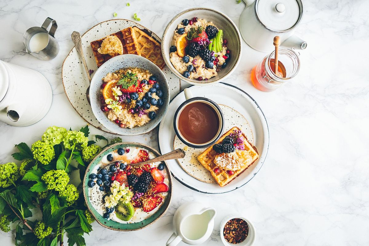 A breakfast spread seen from above