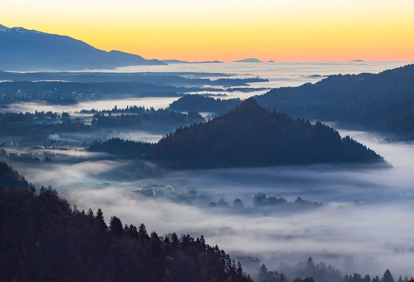 Valley filled with fog at sunrise
